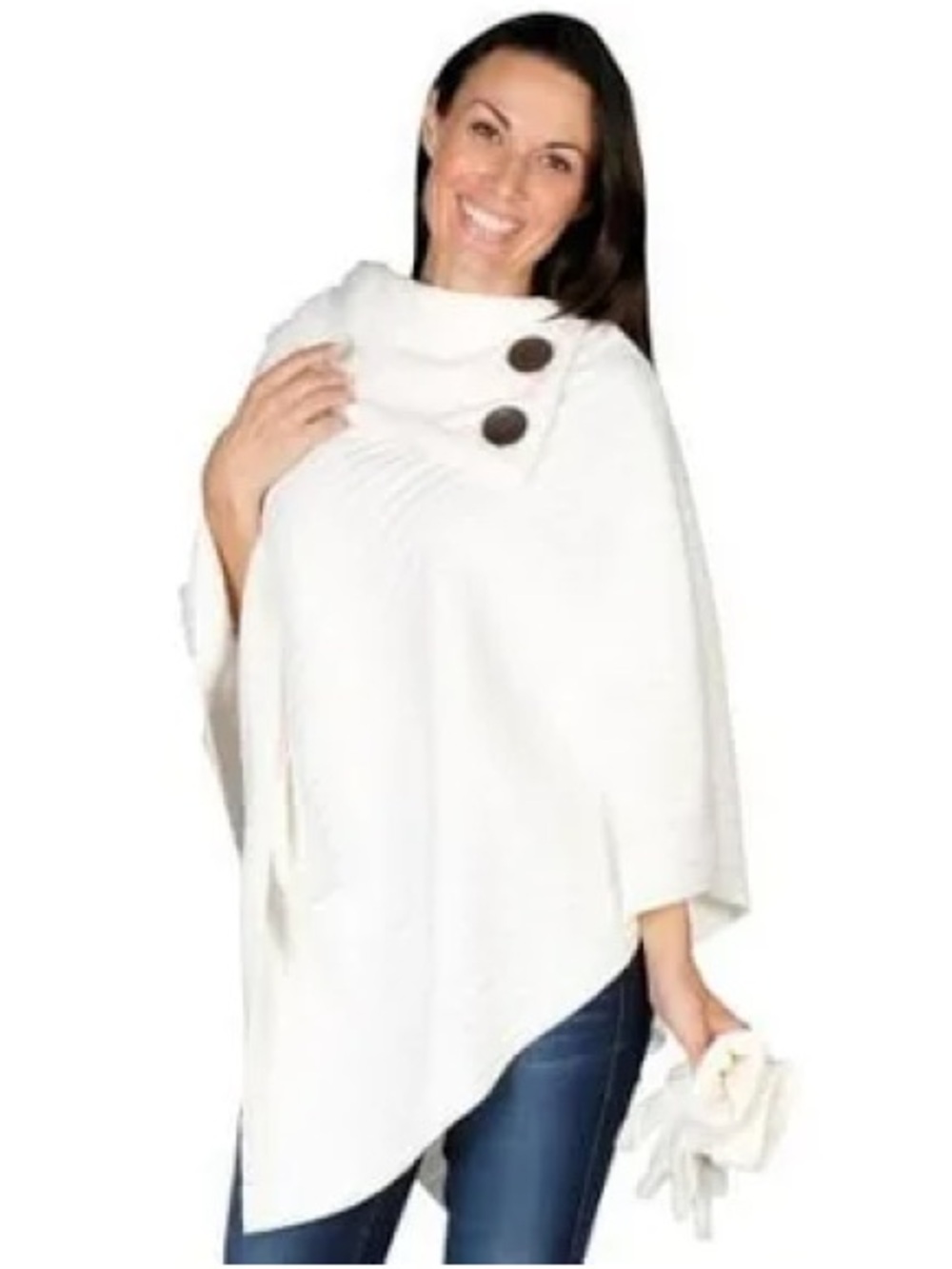 Women's Ivory Ribbed Button Poncho Wrap